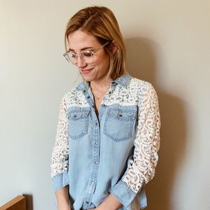 Anthropologie chambray and lace buttondown top